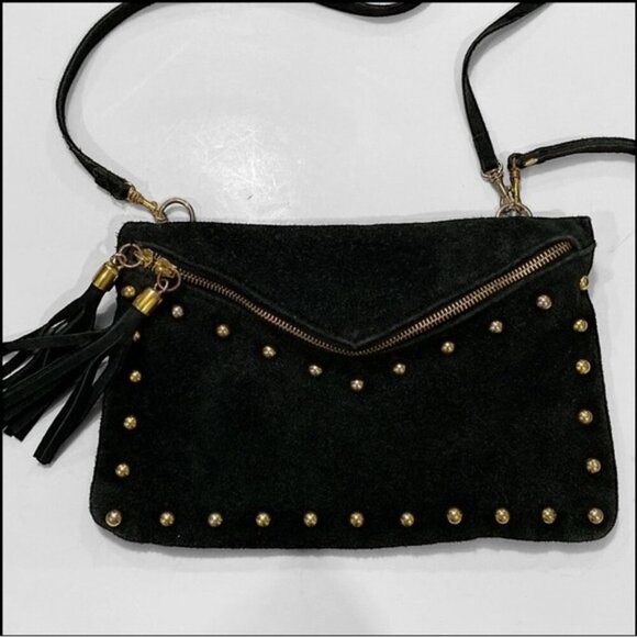 Vintage Black Studded Fringe Crossbody Suede Bag - Picture 1 of 14